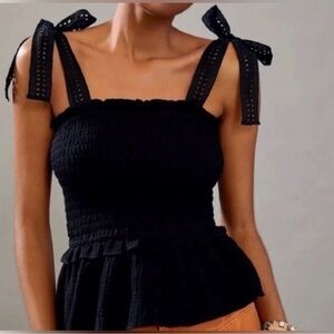 Anthropologie, Eri & Ali Women’s Smocked Eyelet Tank Bow Straps Sz XL